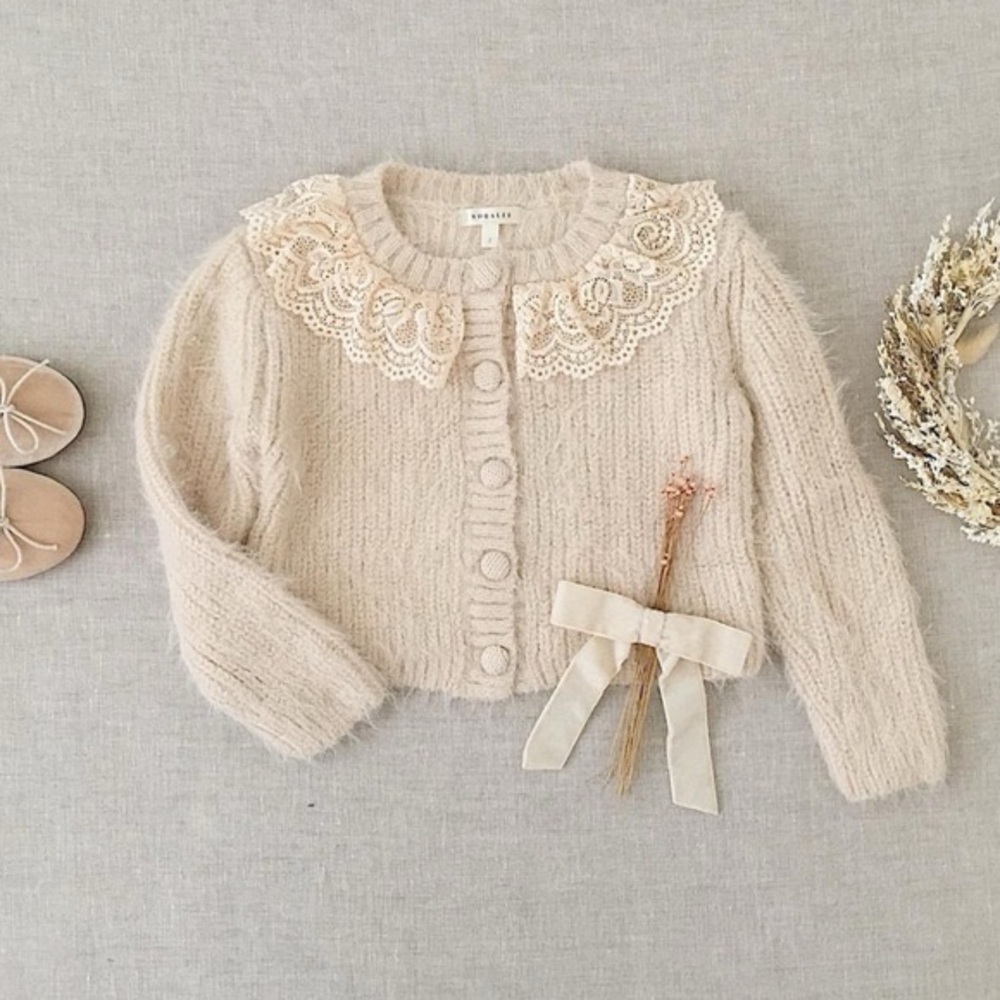 Noralee Eyelash Knit Cardigan Elegant Beige Cardigan with Lace Collar 2 Toddler